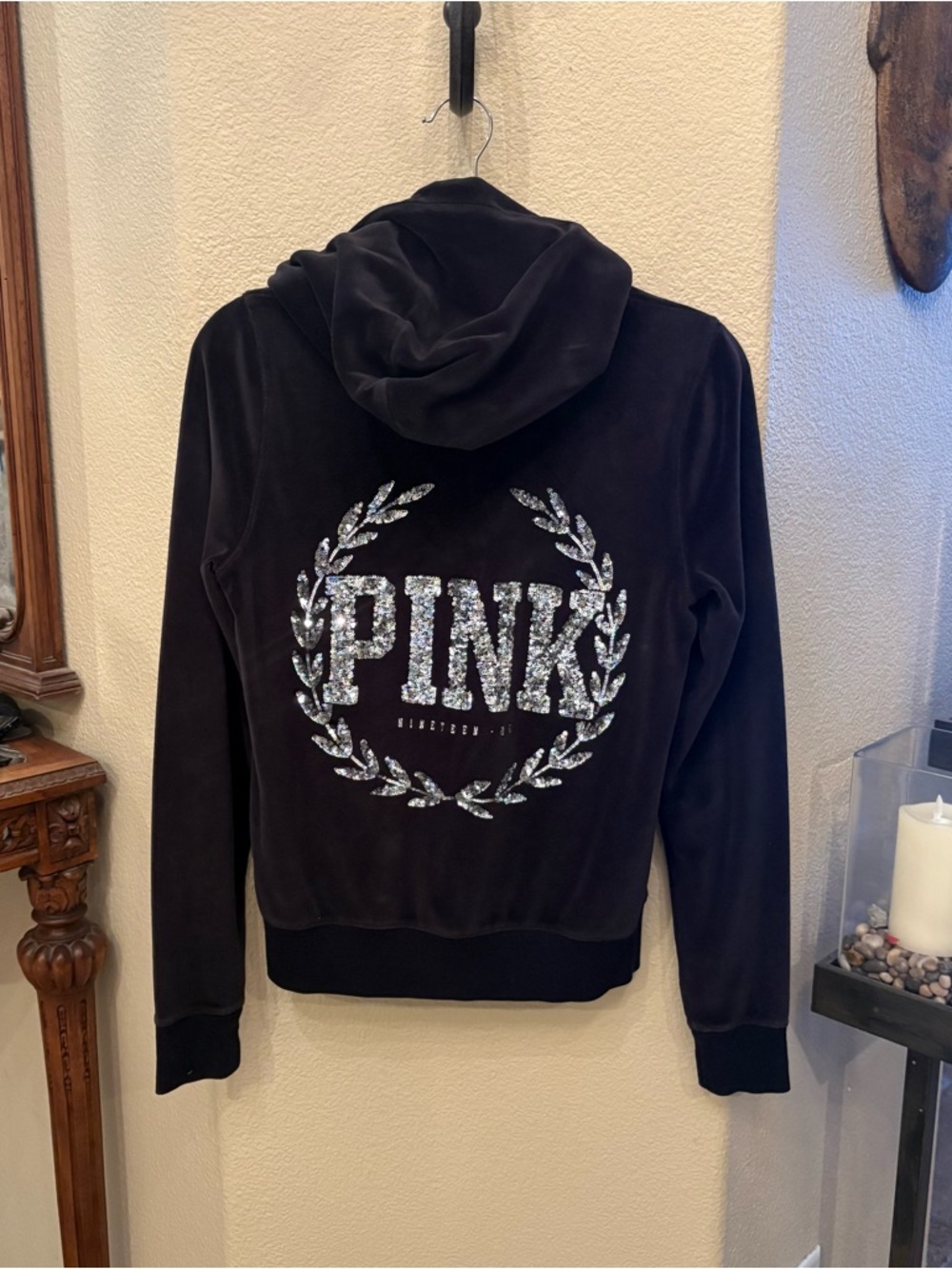 PINK Victoria’s Secret Sequin Embellished Black Velour Zip Hoodie Jacket-Medium